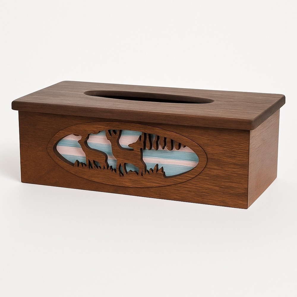 Handcrafted Wooden Tissue Box Cover Deer Scene Cutout Rustic Cabin Lodge Decor